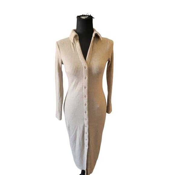 Astr Bransbury Knit Dress - Tan Ribbed Buttoned Long Sleeve Dress Size S Wedding - Picture 3 of 14